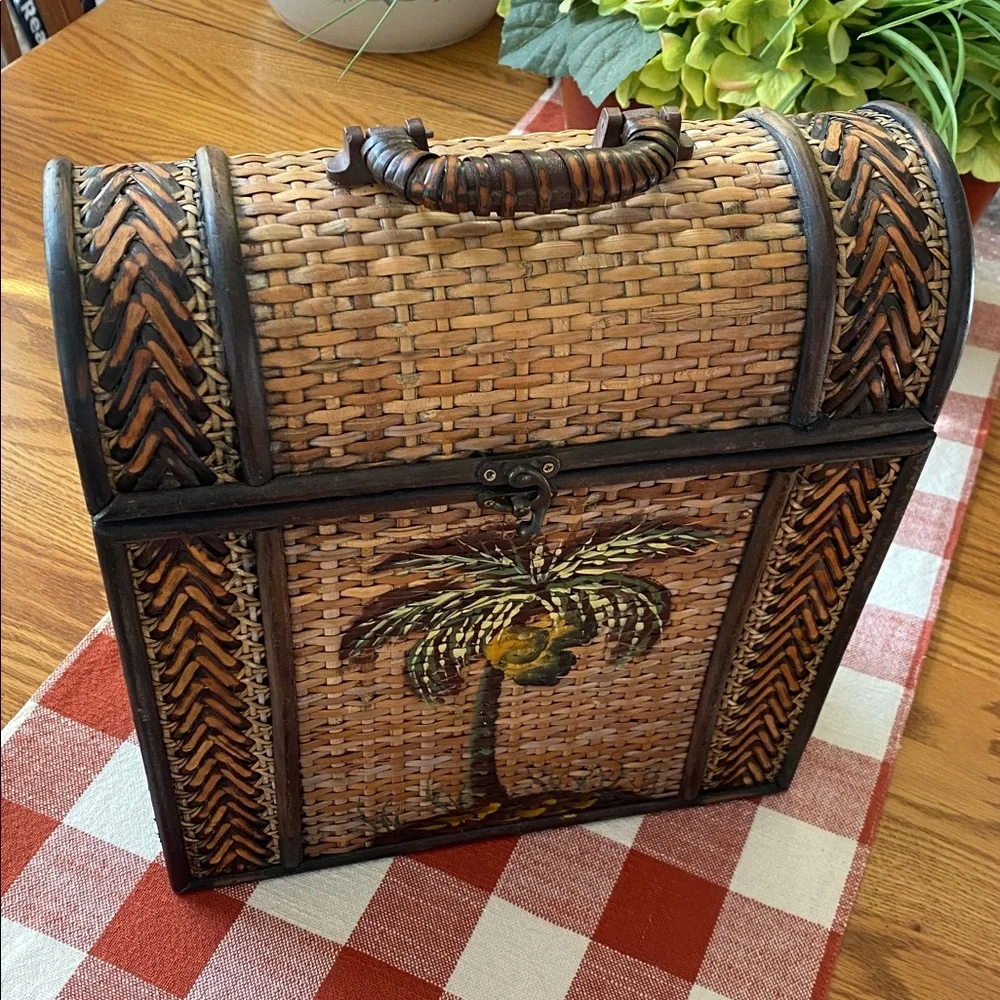 Vintage Rattan Woven (3) Wine Storage Brown Green Basket with Palm Tree 🌴 Design